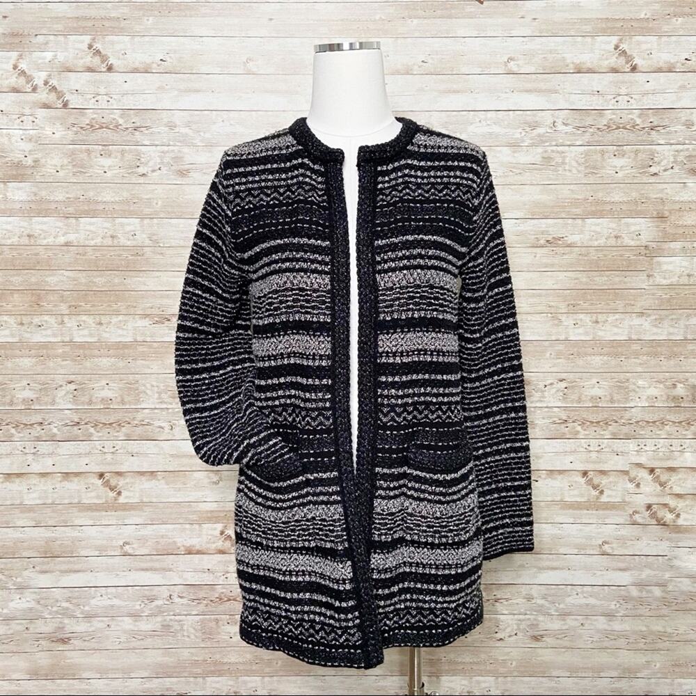 Talbots Tweed Blazer Black Silver Open Front Coat Preppy Work Minimalist Size SP